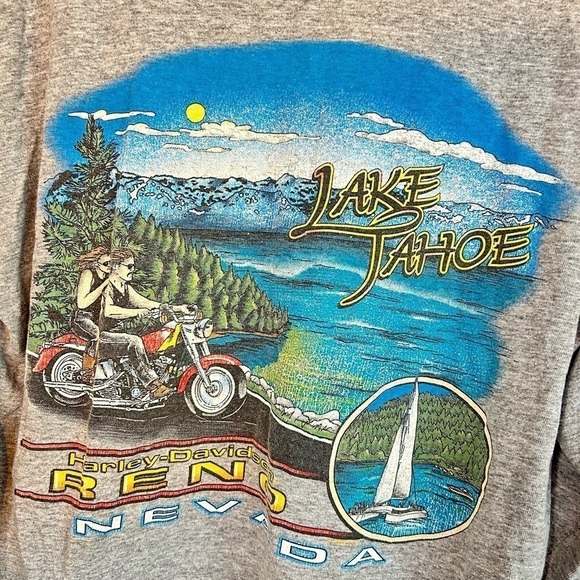VTG Harley Davidson Lake Tahoe Long Sleeve Cropped Tee Front Pocket Graphic L - Picture 2 of 7